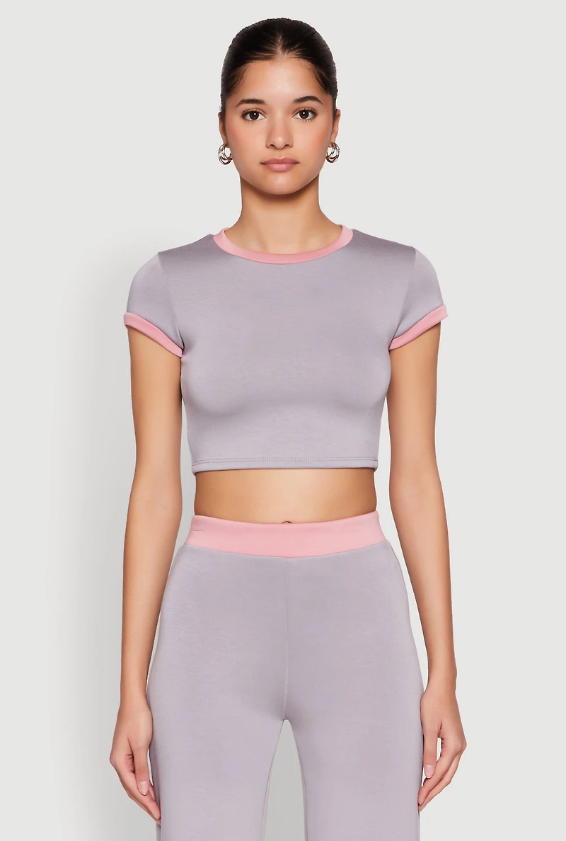 Womens Short Sleeve Ringer Crop Top,