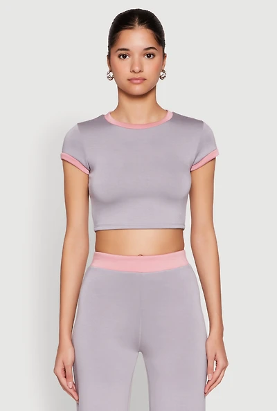 Womens Short Sleeve Ringer Crop Top,