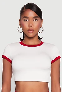 Womens Short Sleeve Ringer Crop Top, White, Size S