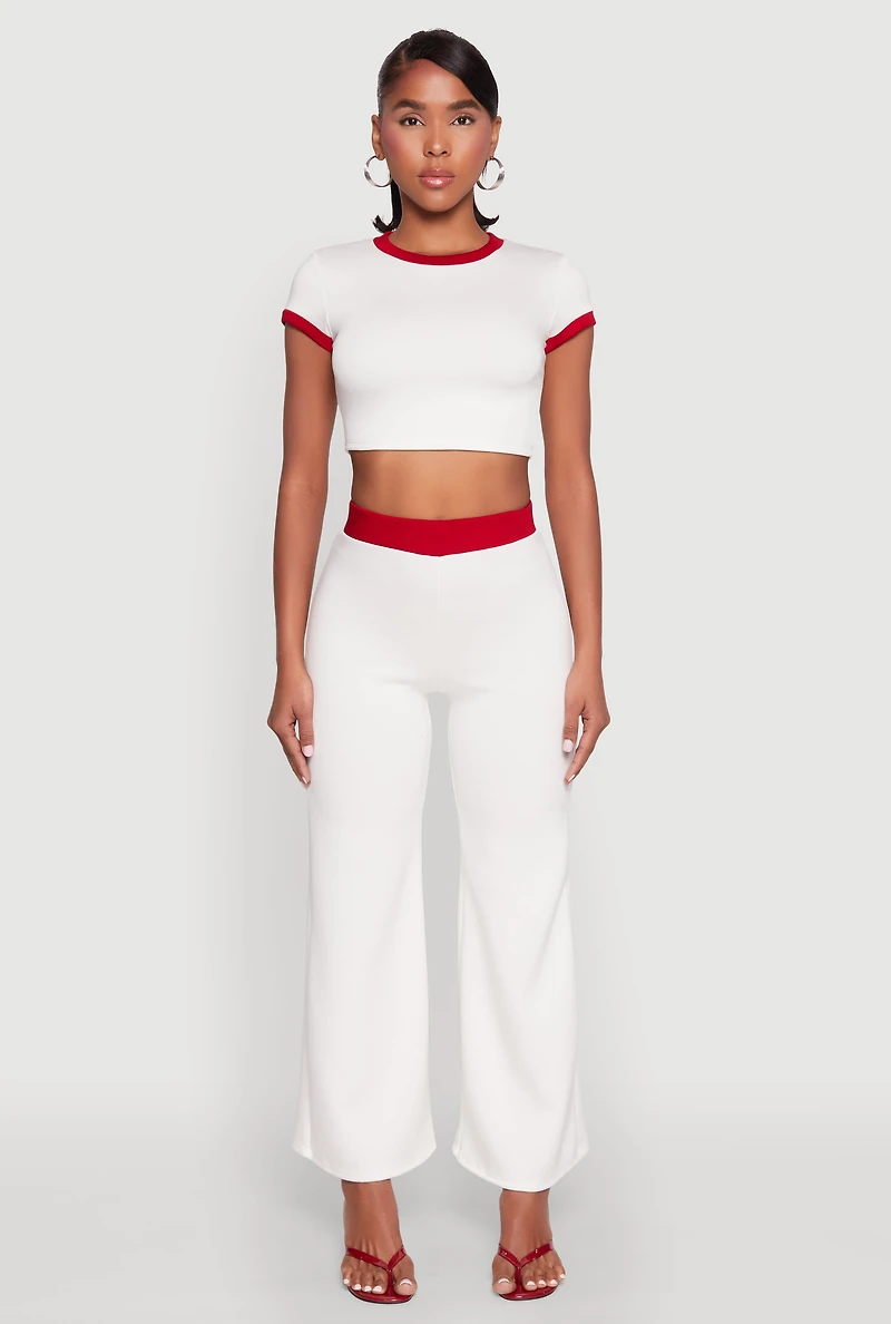 Womens Short Sleeve Ringer Crop Top, White,