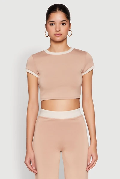 Womens Short Sleeve Ringer Crop Top,