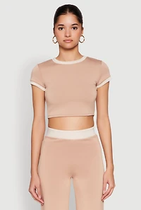 Womens Short Sleeve Ringer Crop Top, Beige, Size XL