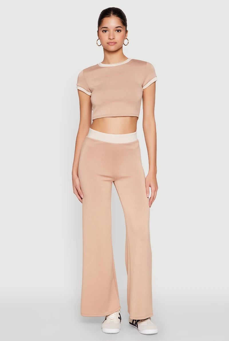 Womens Short Sleeve Ringer Crop Top, Beige, Size XL