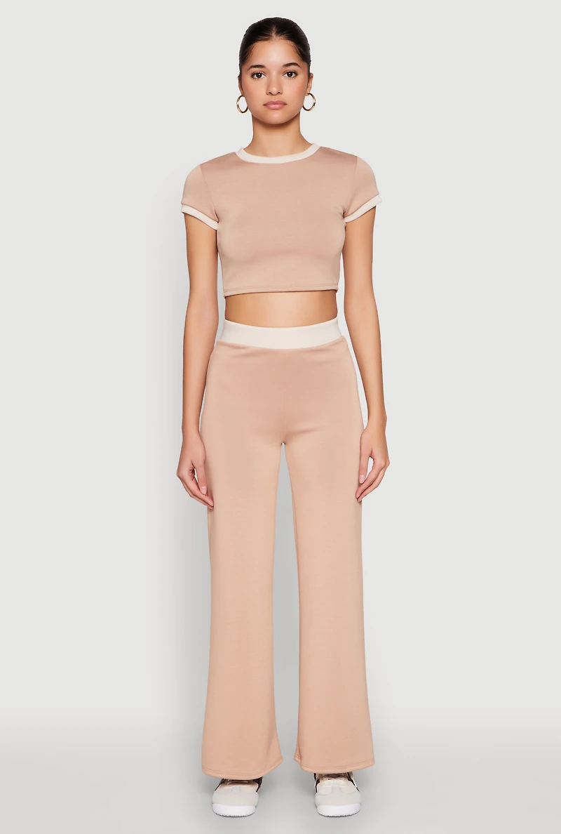 Womens Short Sleeve Ringer Crop Top, Beige, Size L