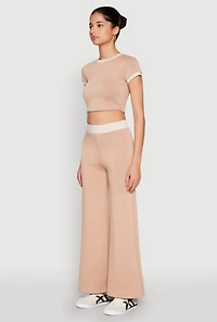 Womens Short Sleeve Ringer Crop Top, Beige, Size L