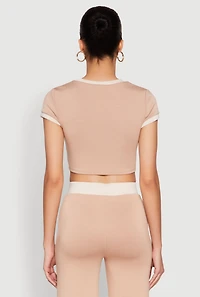 Womens Short Sleeve Ringer Crop Top, Beige, Size XL