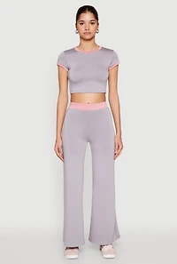 Womens Contrast Waistband Wide Leg Pants,
