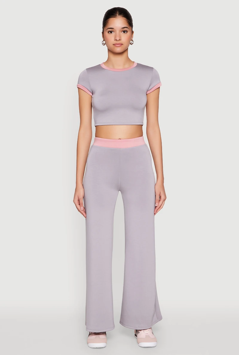 Womens Contrast Waistband Wide Leg Pants, Grey,