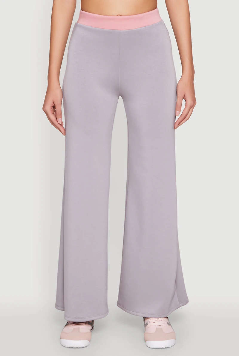 Womens Contrast Waistband Wide Leg Pants, Grey,