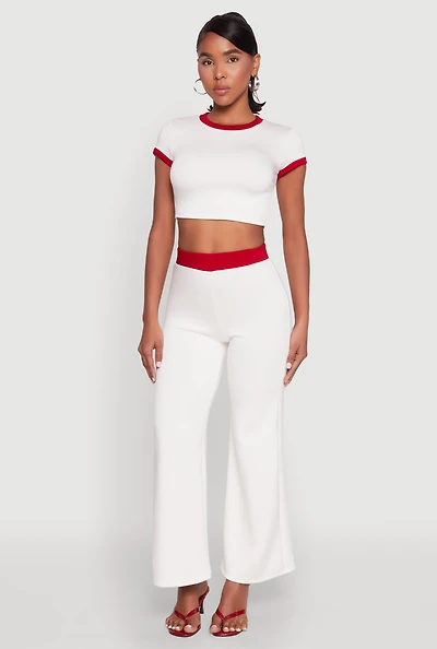 Womens Contrast Waistband Wide Leg Pants, White, Size L