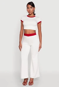 Womens Contrast Waistband Wide Leg Pants, White, Size L