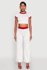 Womens Contrast Waistband Wide Leg Pants, White, Size L