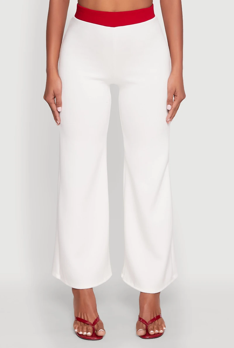 Womens Contrast Waistband Wide Leg Pants, White, Size L