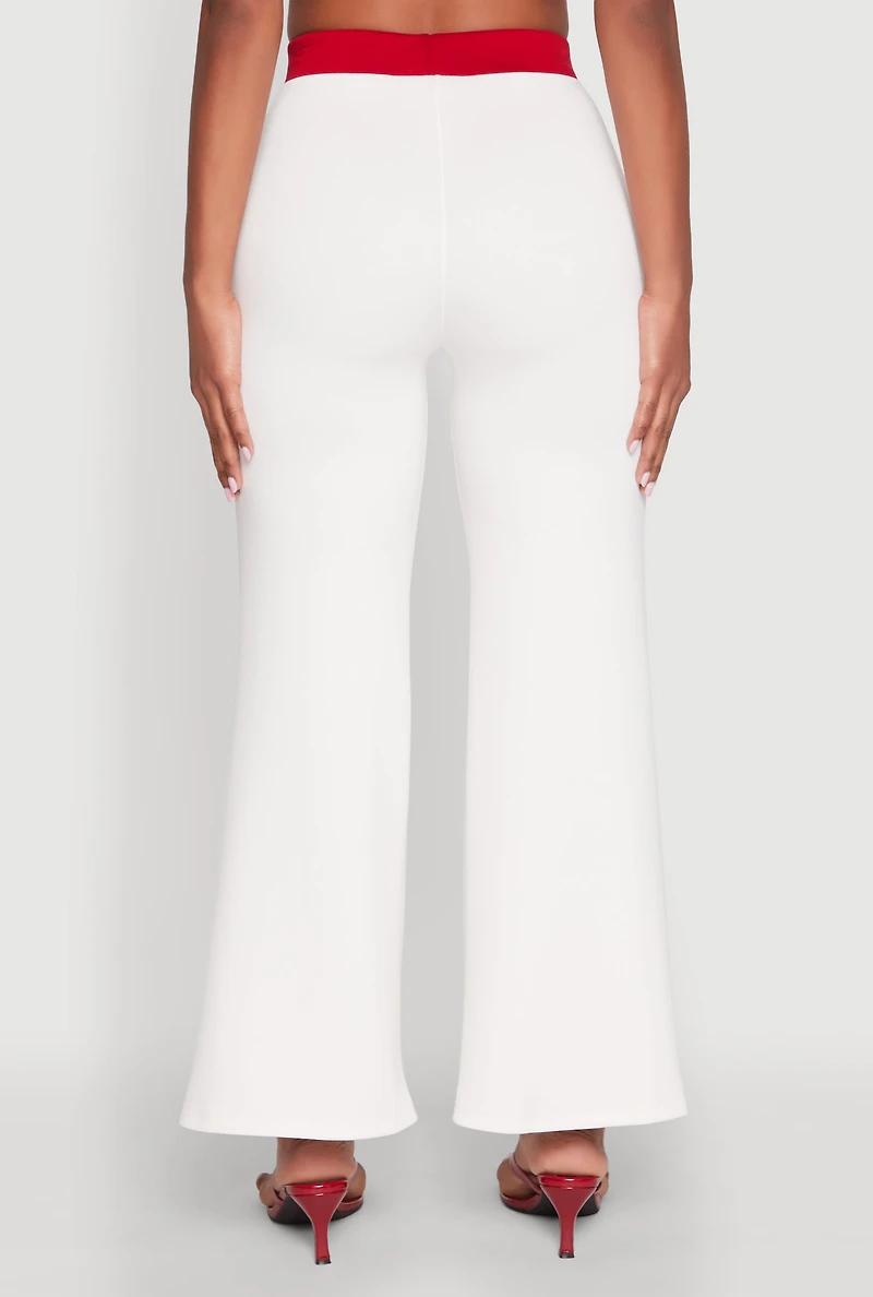 Womens Contrast Waistband Wide Leg Pants, White, Size L