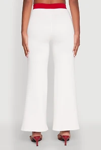 Womens Contrast Waistband Wide Leg Pants, White, Size L