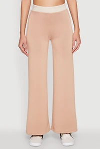 Womens Contrast Waistband Wide Leg Pants, Khaki, Size M