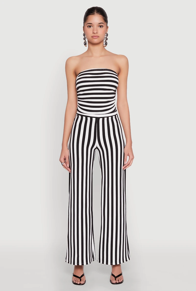 Womens Striped Wide Leg Pants, Black, Size L
