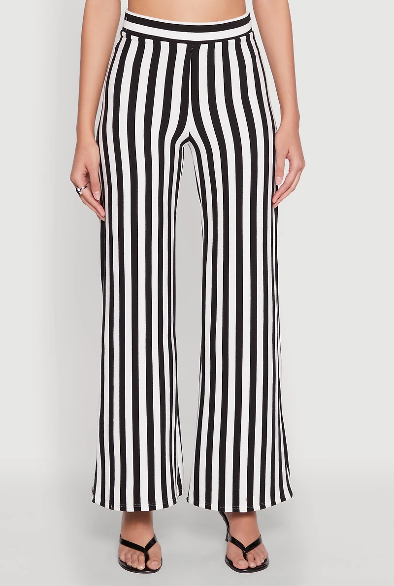 Womens Striped Wide Leg Pants, Black, Size L