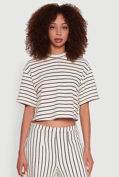 Womens Trendy Classic Fit Striped Textured Knit Crop Top, Multi, Size S