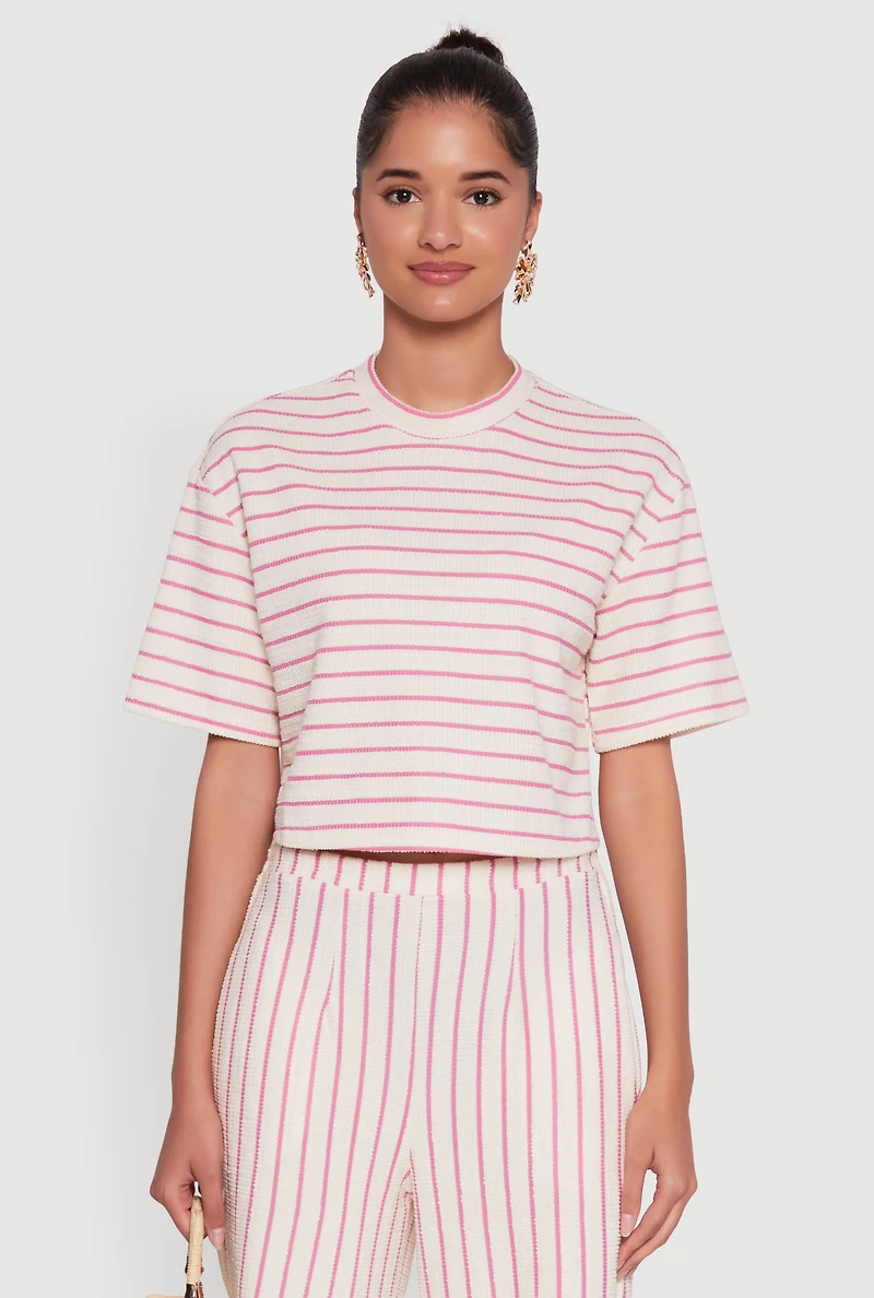 Trendy Classic Fit Striped Textured Knit Crop Top