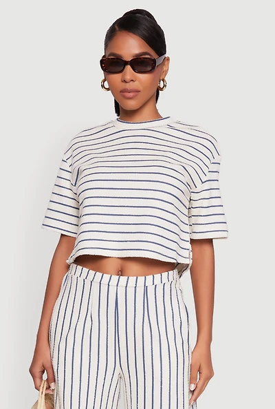 Womens Trendy Classic Fit Striped Textured Knit Crop Top, Multi, Size S