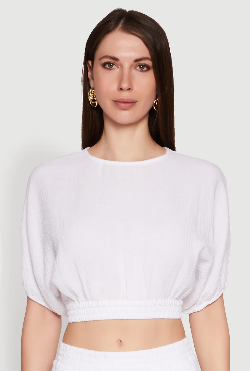 Womens Chic Gauze Knit Crew Neck Cropped Blouse with Bubble Sleeves, White, Size S
