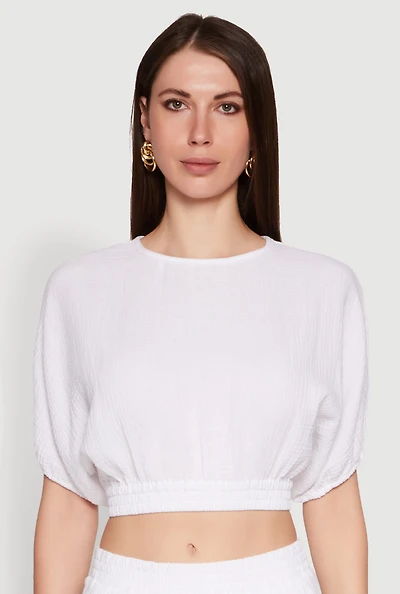 Womens Chic Gauze Knit Crew Neck Cropped Blouse with Bubble Sleeves, White,