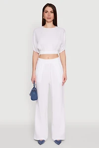 Womens Chic Gauze Knit Crew Neck Cropped Blouse with Bubble Sleeves, White, Size S