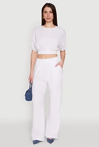 Womens Chic Gauze Knit Crew Neck Cropped Blouse with Bubble Sleeves, White, Size S
