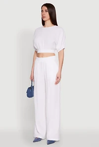 Womens Chic Gauze Knit Crew Neck Cropped Blouse with Bubble Sleeves, White, Size S