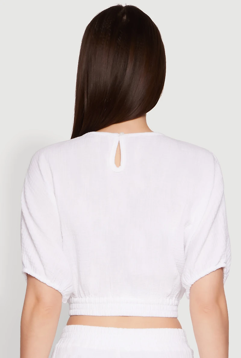 Chic Gauze Knit Crew Neck Cropped Blouse with Bubble Sleeves