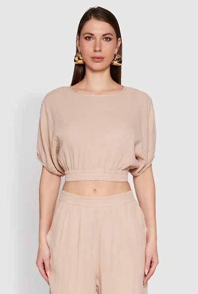 Womens Chic Gauze Knit Crew Neck Cropped Blouse with Bubble Sleeves, Beige, Size M