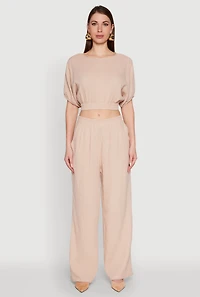 Womens Chic Gauze Knit Crew Neck Cropped Blouse with Bubble Sleeves,