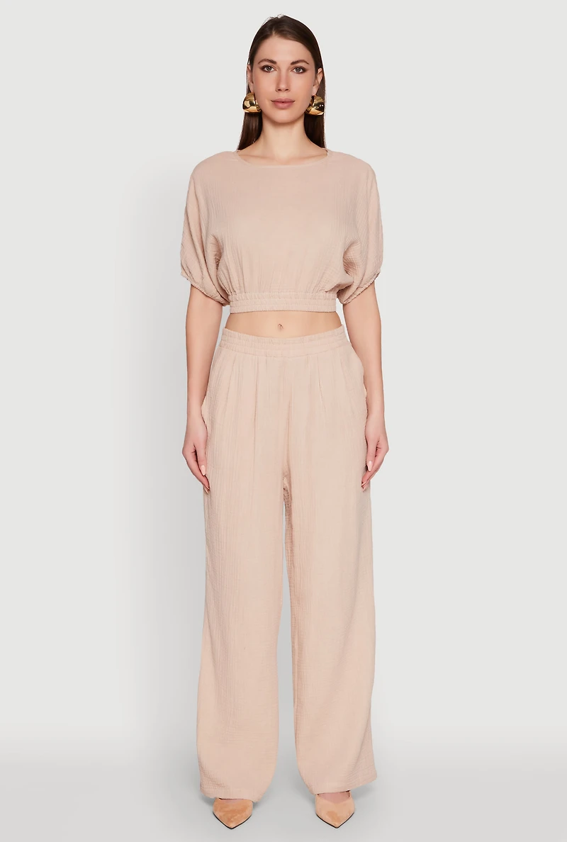 Womens Chic Gauze Knit Crew Neck Cropped Blouse with Bubble Sleeves, Beige, Size L