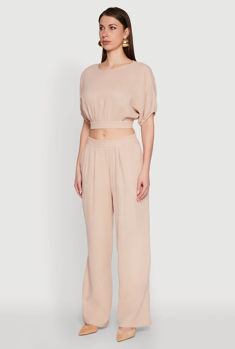 Womens Chic Gauze Knit Crew Neck Cropped Blouse with Bubble Sleeves, Beige, Size L