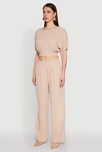 Womens Chic Gauze Knit Crew Neck Cropped Blouse with Bubble Sleeves, Beige, Size L