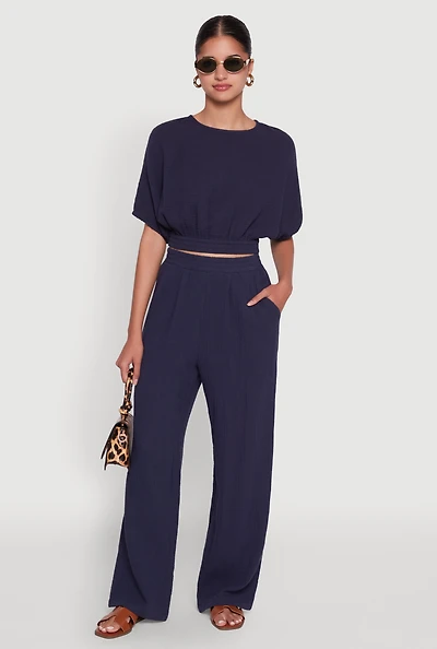 Womens Chic Gauze Knit Crew Neck Cropped Blouse with Bubble Sleeves, Blue, Size S