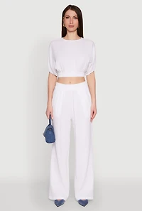 Womens Stylish Gauze Knit Elastic Waist Pleated Palazzo Pants, White, Size S