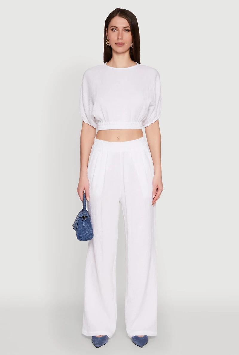 Womens Stylish Gauze Knit Elastic Waist Pleated Palazzo Pants, White, Size XL