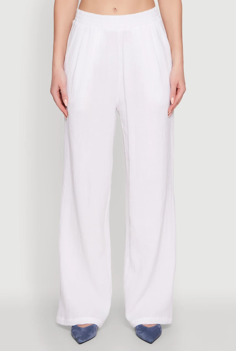 Womens Stylish Gauze Knit Elastic Waist Pleated Palazzo Pants, White, Size XL