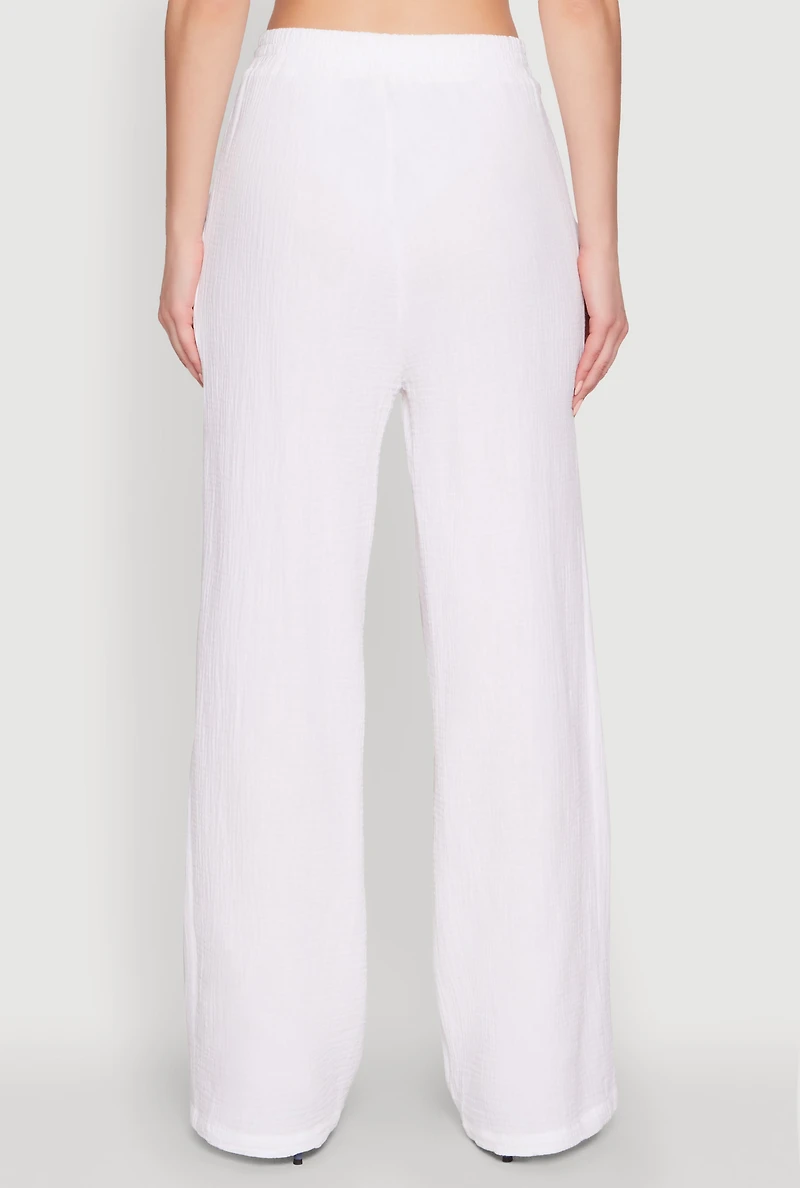Womens Stylish Gauze Knit Elastic Waist Pleated Palazzo Pants, White, Size XL
