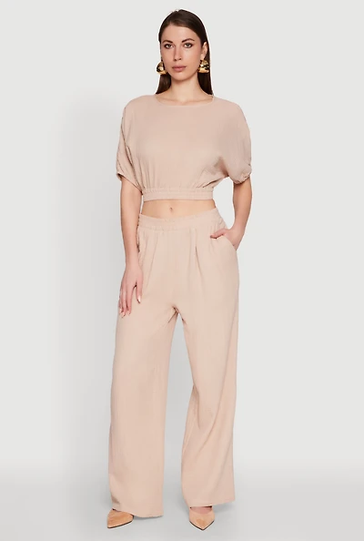 Womens Stylish Gauze Knit Elastic Waist Pleated Palazzo Pants, Khaki, Size XL