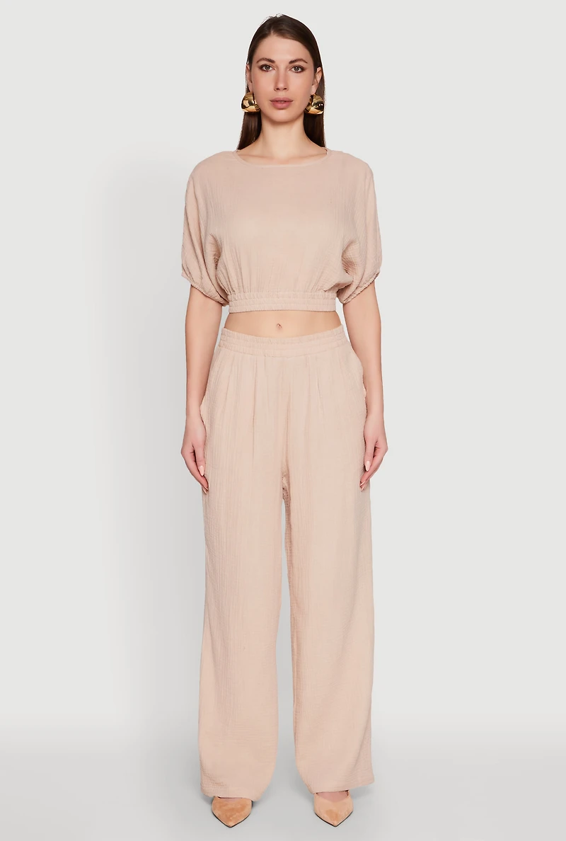 Womens Stylish Gauze Knit Elastic Waist Pleated Palazzo Pants, Khaki, Size M