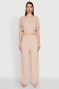 Womens Stylish Gauze Knit Elastic Waist Pleated Palazzo Pants, Khaki, Size M