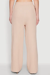 Womens Stylish Gauze Knit Elastic Waist Pleated Palazzo Pants, Khaki, Size M