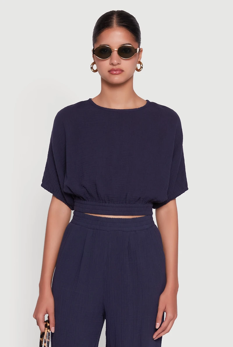 Stylish Gauze Knit Elastic Waist Pleated Palazzo Pants