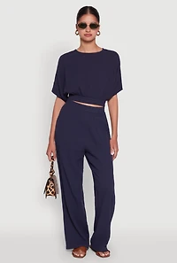 Womens Stylish Gauze Knit Elastic Waist Pleated Palazzo Pants, M