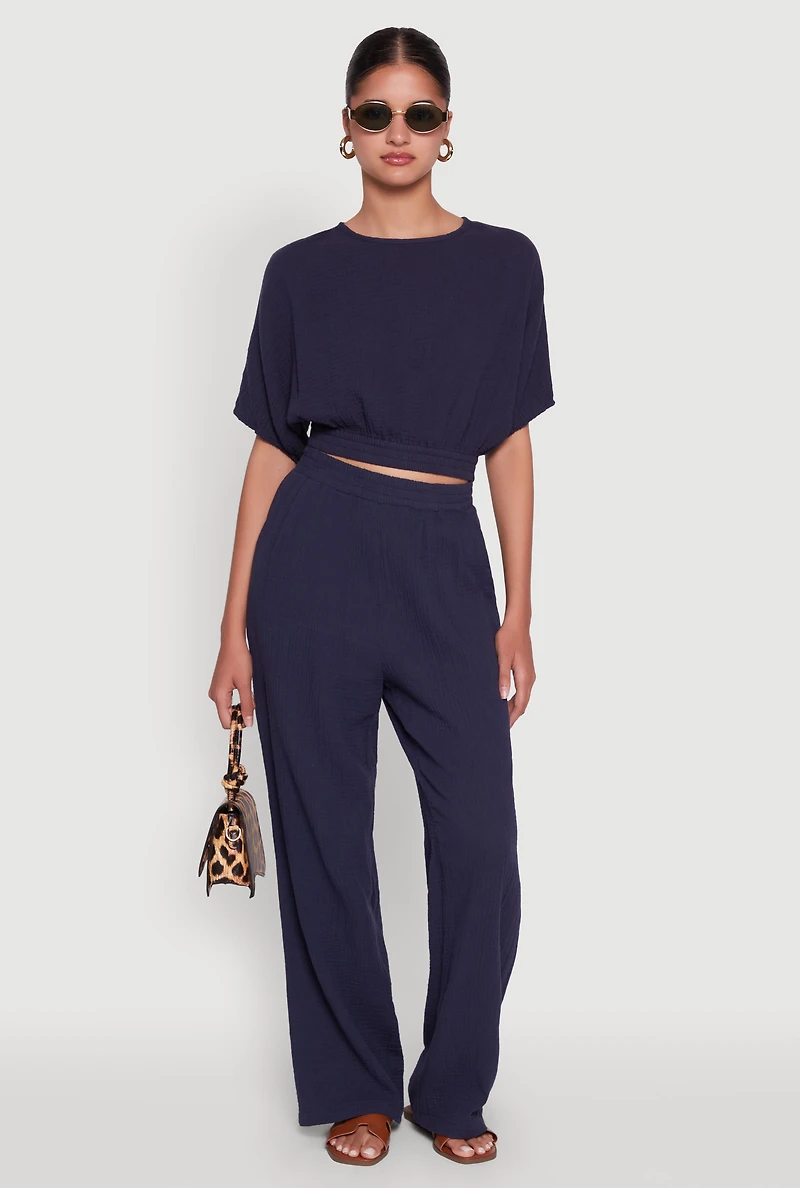 Womens Stylish Gauze Knit Elastic Waist Pleated Palazzo Pants, Blue, Size M