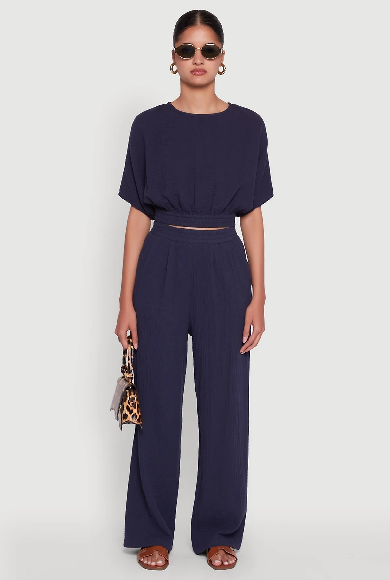 Womens Stylish Gauze Knit Elastic Waist Pleated Palazzo Pants, Blue, Size M