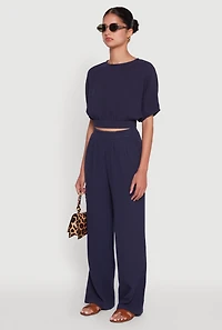 Womens Stylish Gauze Knit Elastic Waist Pleated Palazzo Pants,